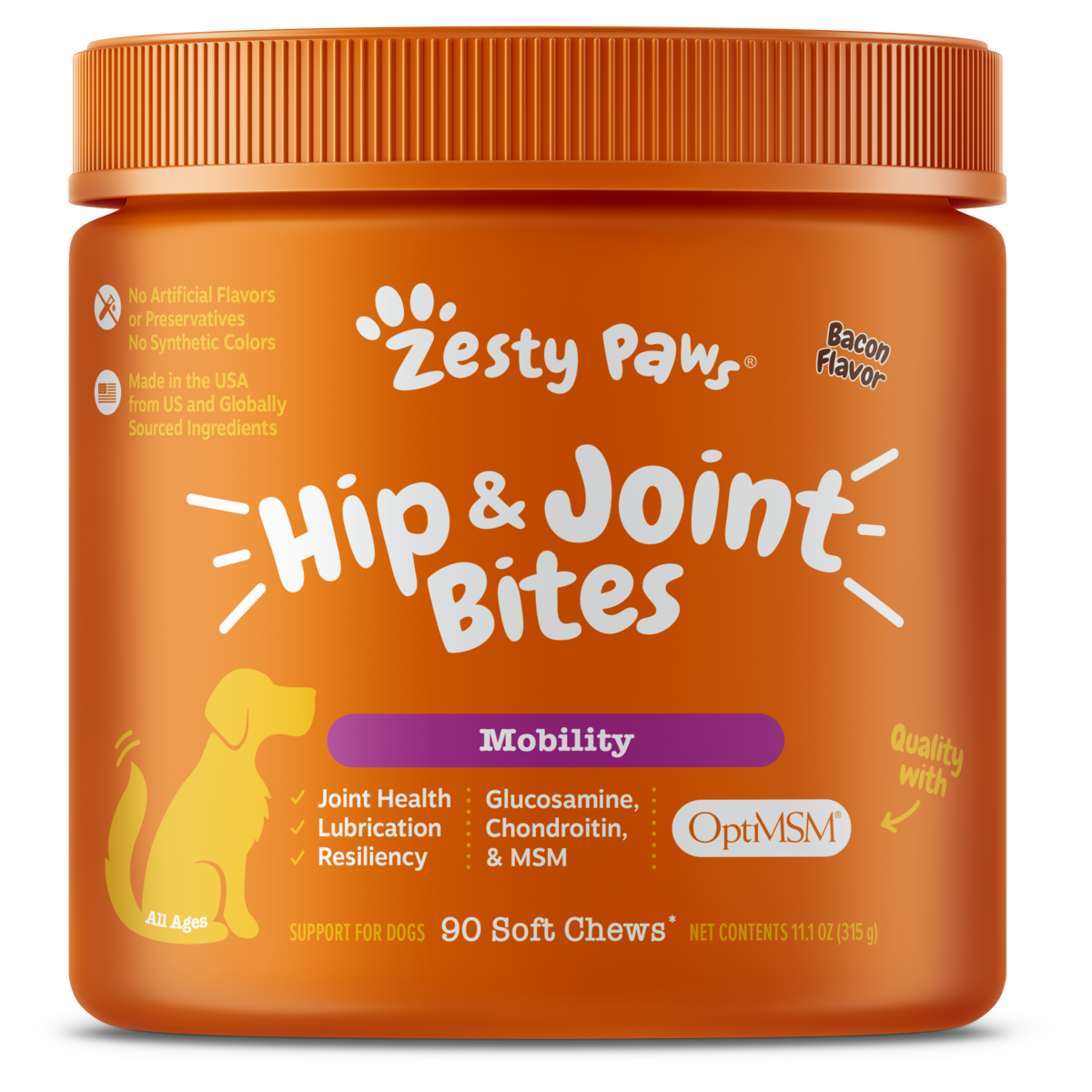 Zesty Paws Hip & Joint Bites for Dogs - Bacon Flavor, 90 Soft Chews